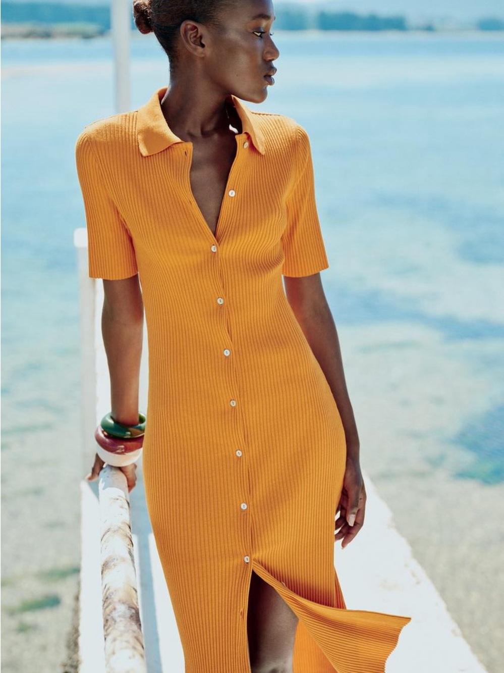 Zara Ribbed Button-Front Midi Dress in Mustard